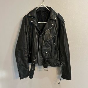 Black leather biker jacket for sale.